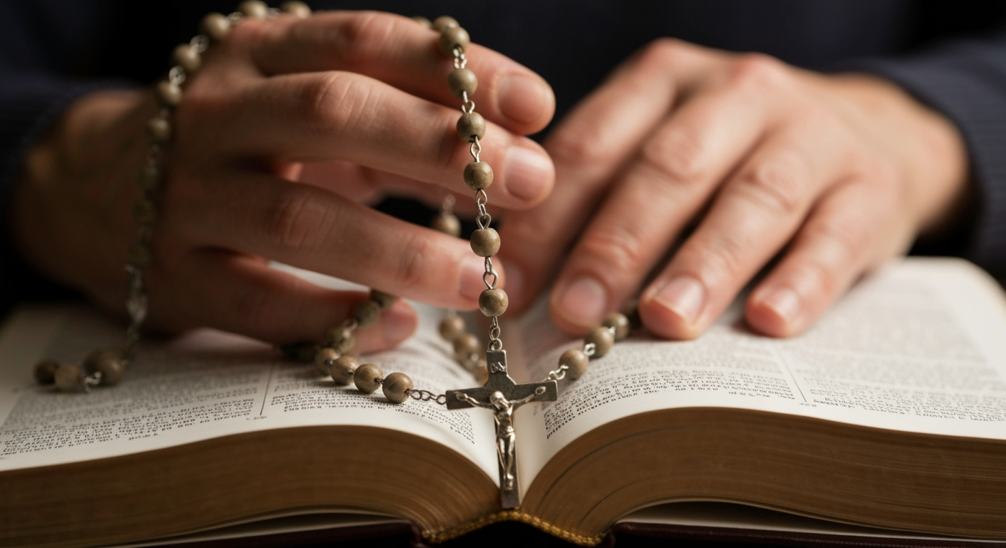 Hands hold rosary on Bible