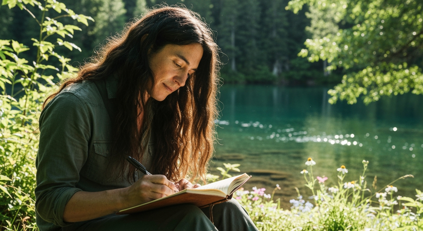 Person journals by lake