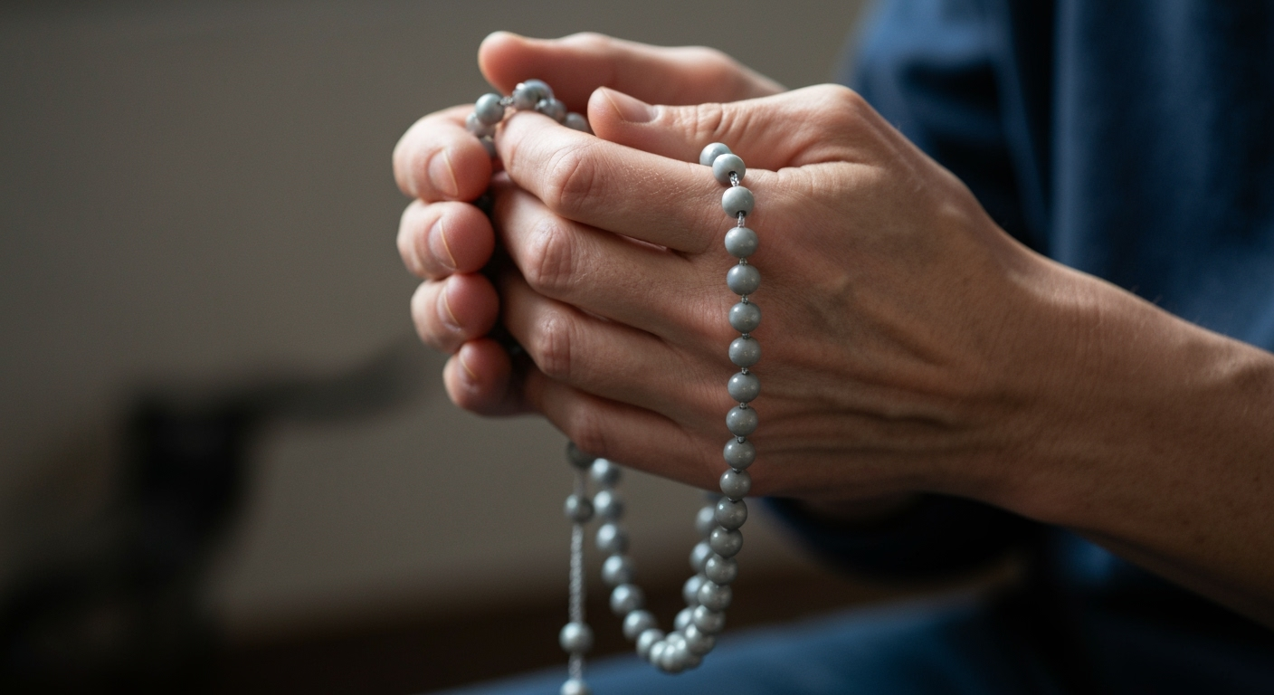 Hands holding gray rosary beads