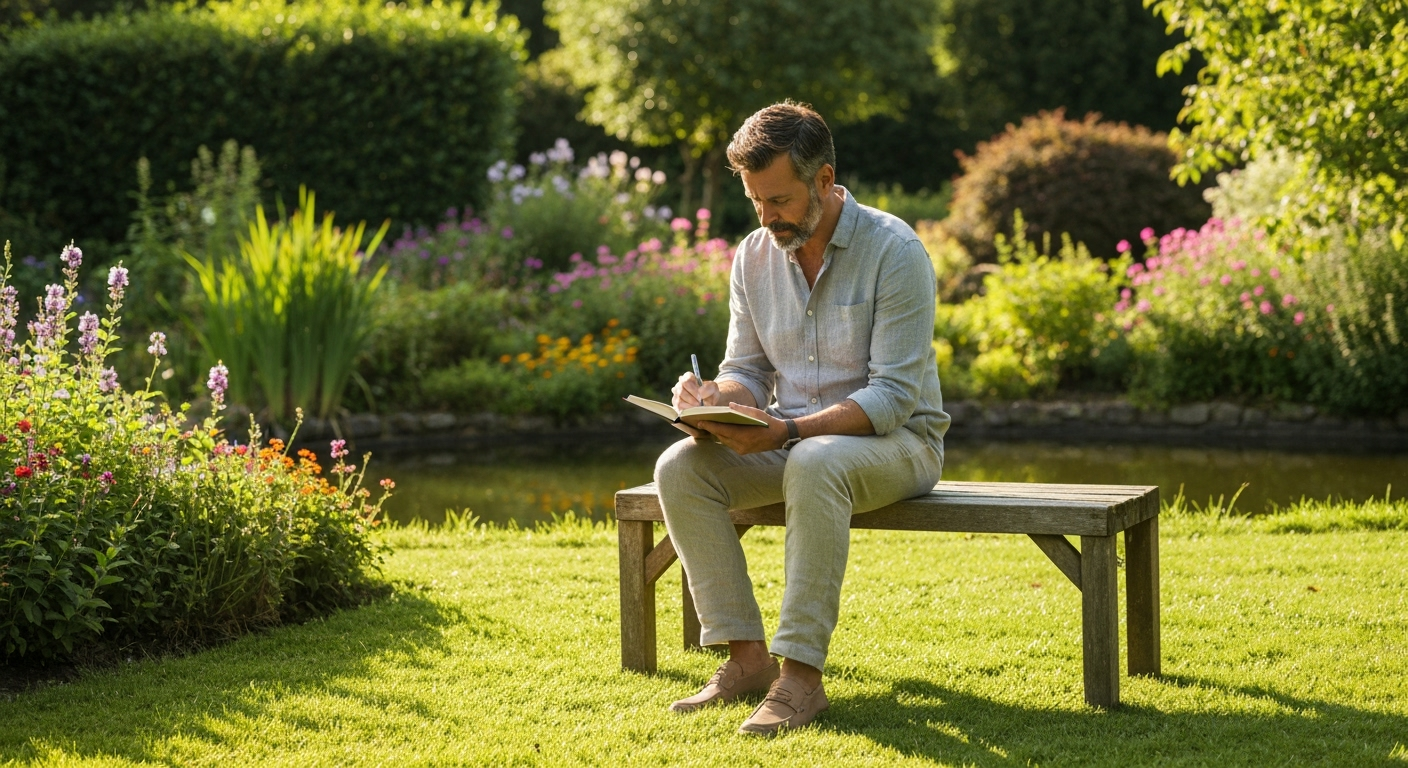 Person writing in journal outdoors