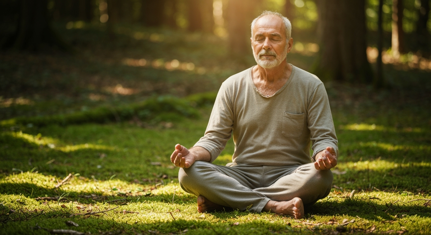 Person meditating on mossy forest floor