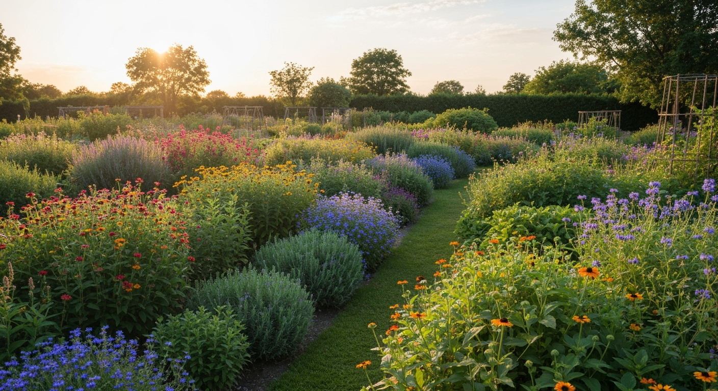 Vibrant garden at sunset