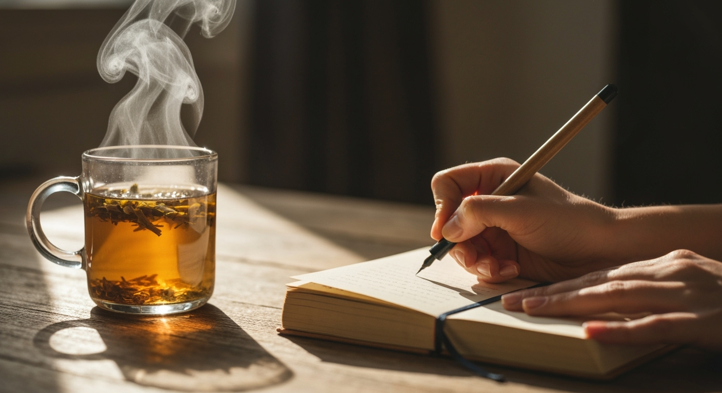 Hand writes in journal; tea mug near.