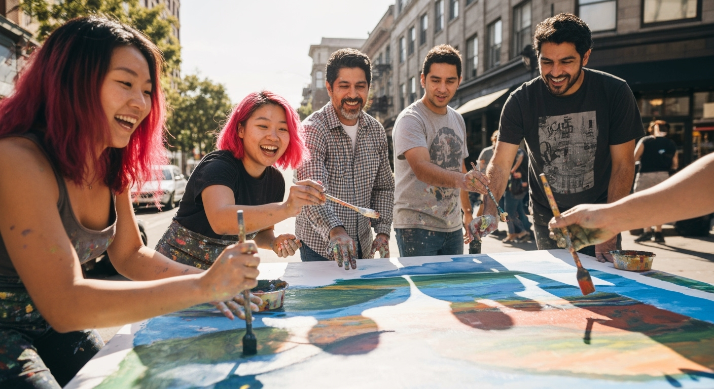 People paint a colorful mural together.