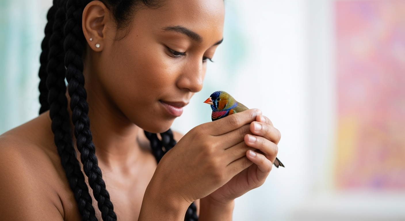 Hands gently hold a small bird